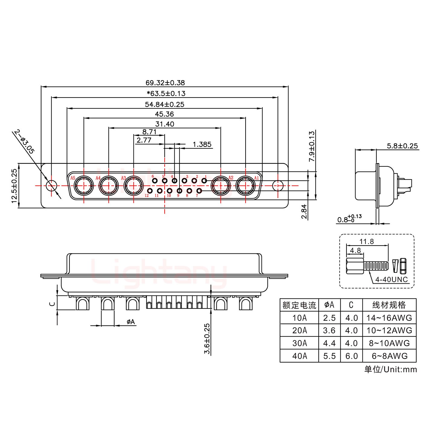 17W5母短體焊線(xiàn)/配螺絲螺母/大電流20A