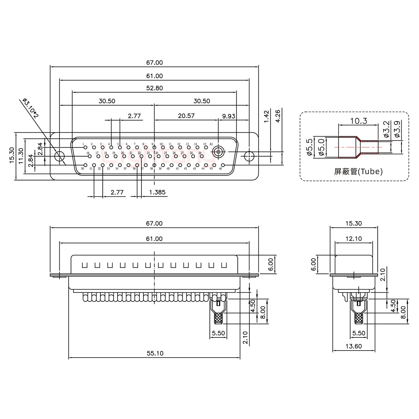 47W1公焊線式75歐姆+50P金屬外殼2252三個出線孔12mm