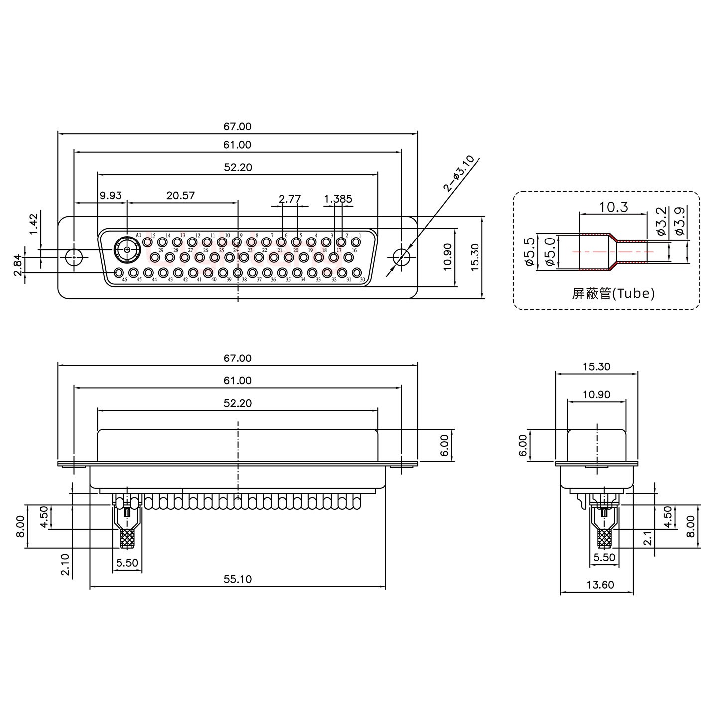 47W1母焊線式75歐姆+50P金屬外殼1331直出線12.5mm